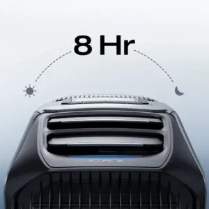 תקריב של מזגן נייד המופעל באנרגיה סולארית EcoFlow WAVE 2 עם סמל 