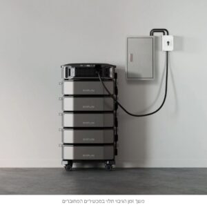 גנרטור סולארי ECOFLOW DELTA PRO ULTTRA 6900W עם סוללת הרחבה 6000Wh מתחבר באמצעות כבל ליחידת הבקרה, ומאפשר שימוש באנרגיה מתחדשת.