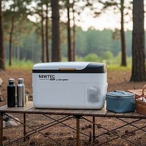 מקרר/מקפיא המופעל באנרגיה סולארית Newtec 23L, בקבוקי מים וסלי פיקניק על שולחן באתר קמפינג עם אוהלים ופנלים סולאריים.