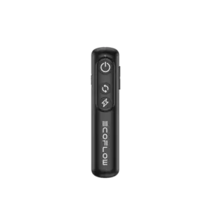 מנורת שמש ניידת שחורה 12V של EcoFlow, הכוללת טכנולוגיה פוטו-וולטאית, כפתורי בקרה ולוגו המותג בחזית.