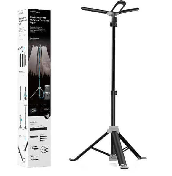 תאורת שטח ניידת טלסקופית 12V EcoFlow, המורכבת מהקופסה שלה הכוללת אנרגיה סולארית, טכנולוגיה פוטו-וולטאית ופרטי התקנה.